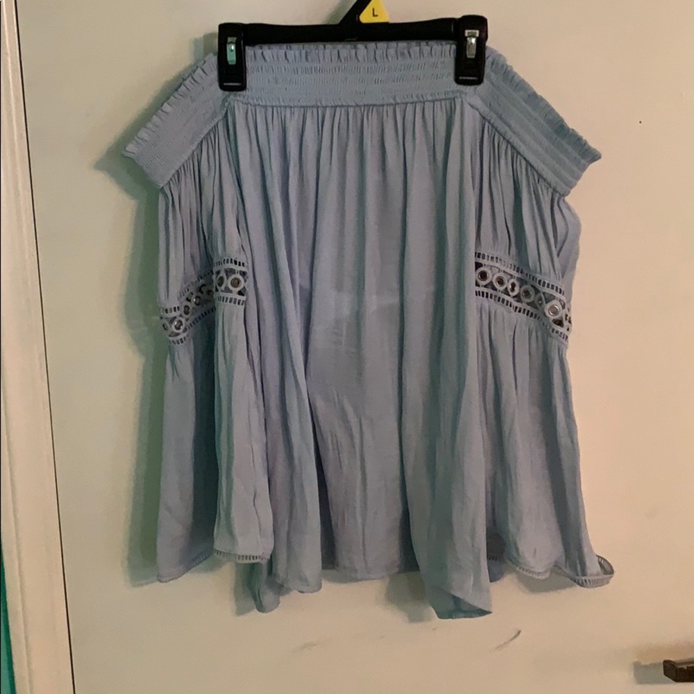 jlo off the shoulder pale blue dress top